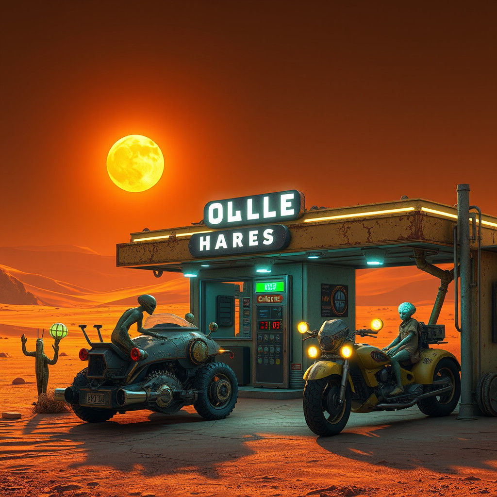 Retro-Futuristic Alien Gas Station on Desert Planet