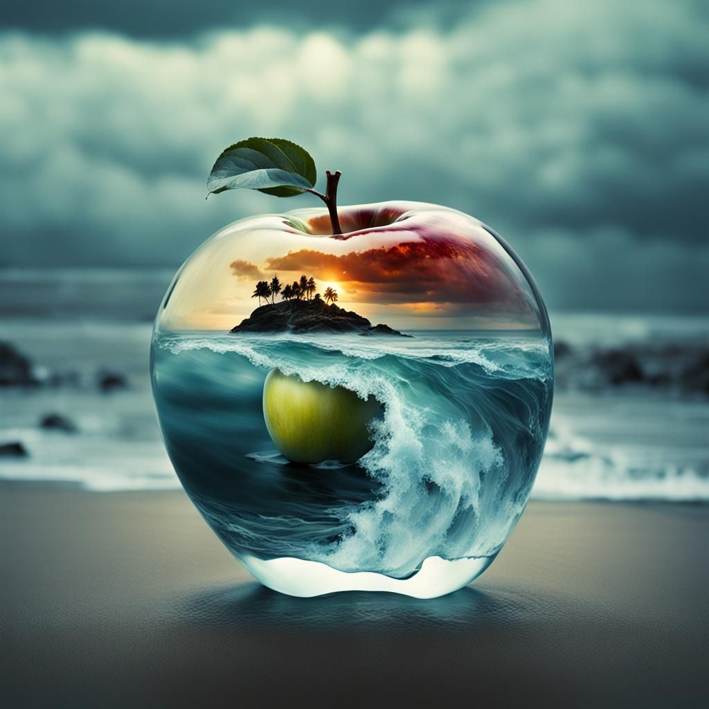 Glass Apple Encasing Stormy Sea in Double Exposure
