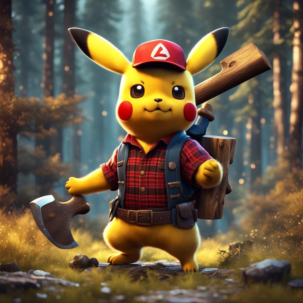 Adorable Lumberjack Pikachu in Detailed Digital Painting