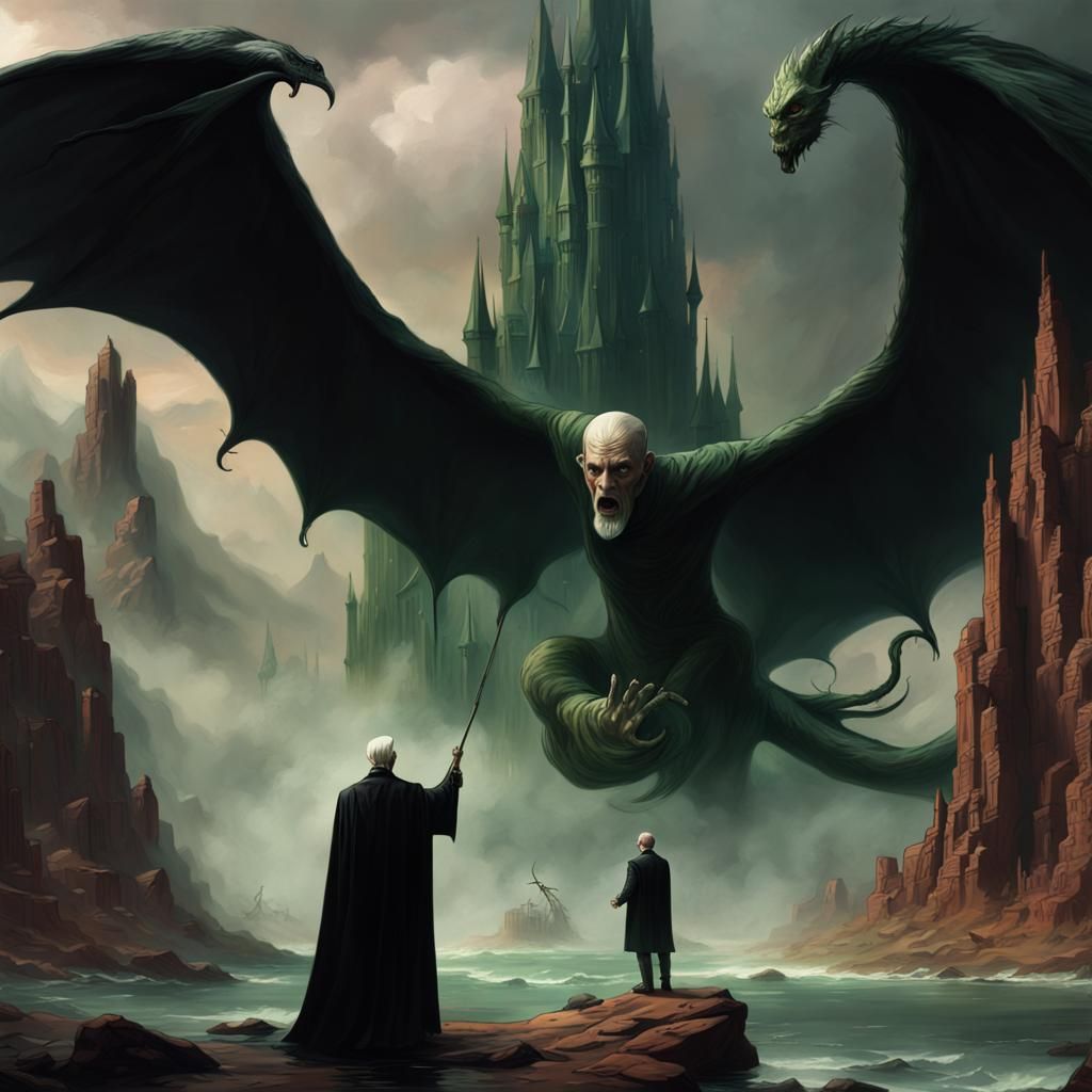 Draco Malfoy swears fealty to Lord Voldemort in the style of Frank Frazetta