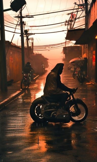 Cyberpunk Biker Bar in Rainy Dystopian Alley