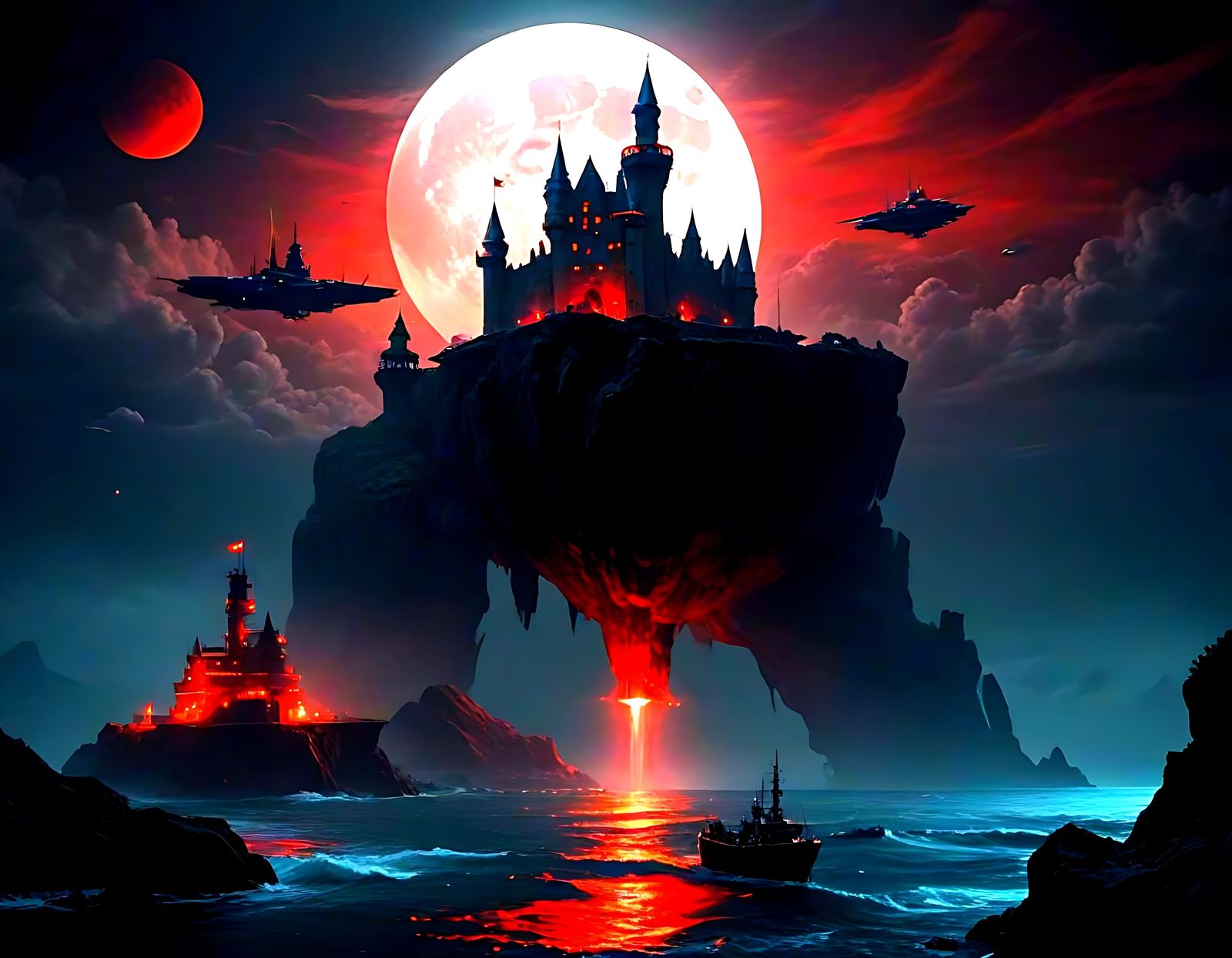 Dystopian Castle Over Toxic Sea with Hovering Ships