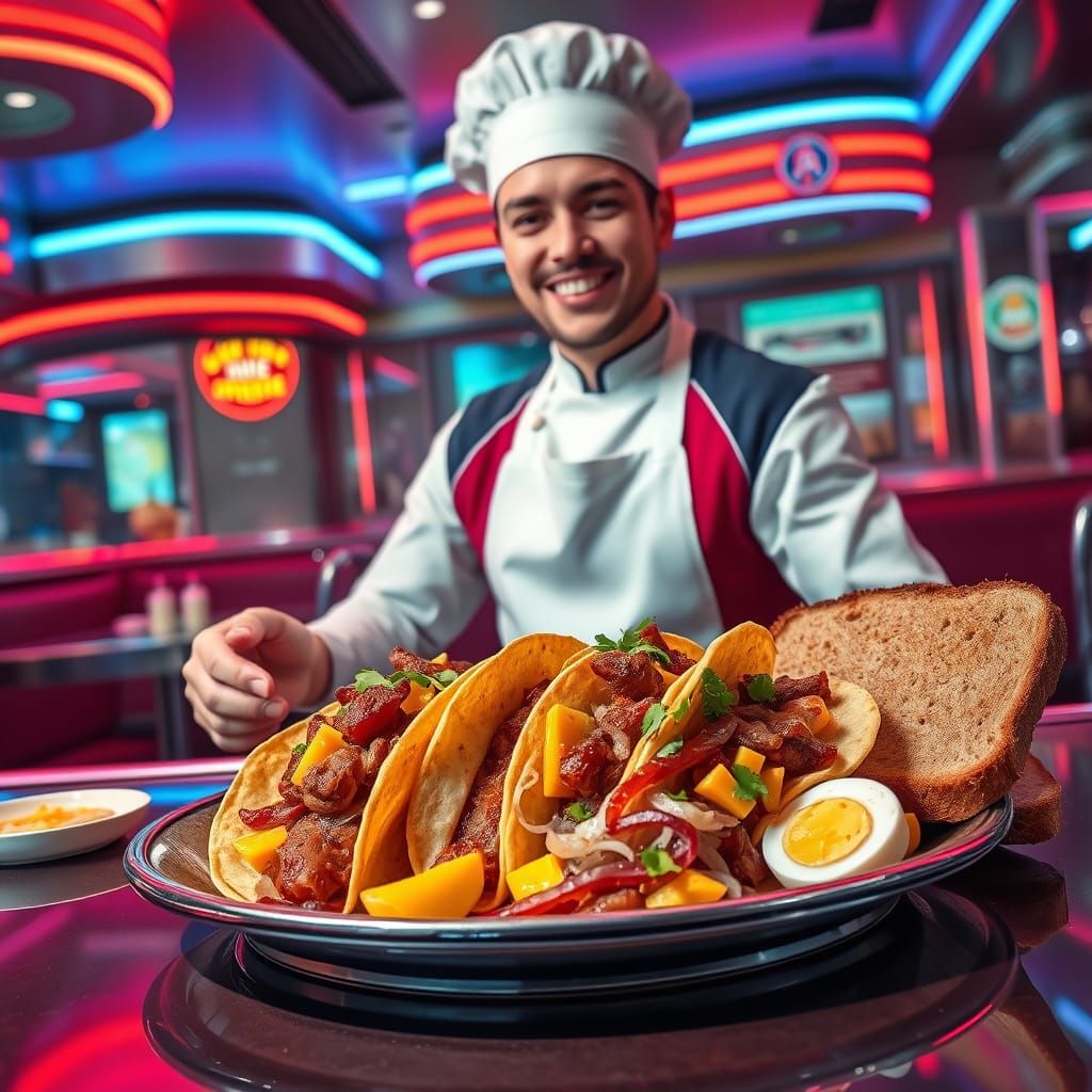 Cosmic Taco Chef in Retro-Futuristic Diner