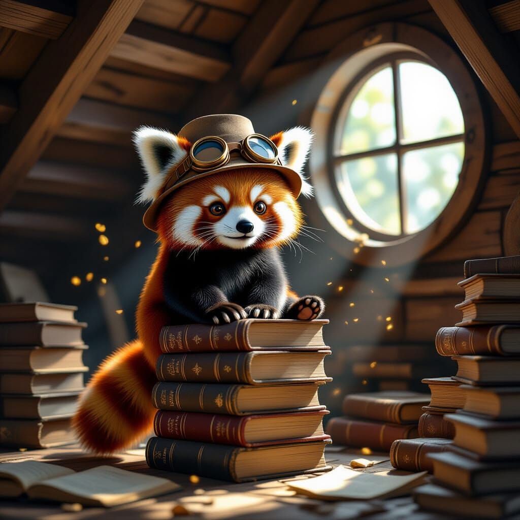 Adventurous Red Panda on Books in Attic