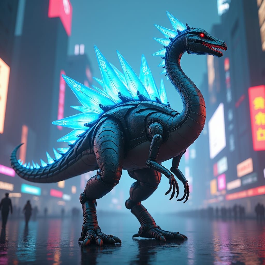 Cyborg Swan-Dinosaur in Dystopian Cityscape