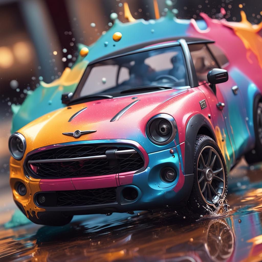 Cute Small Car in Hyperrealistic Splash Art Style
