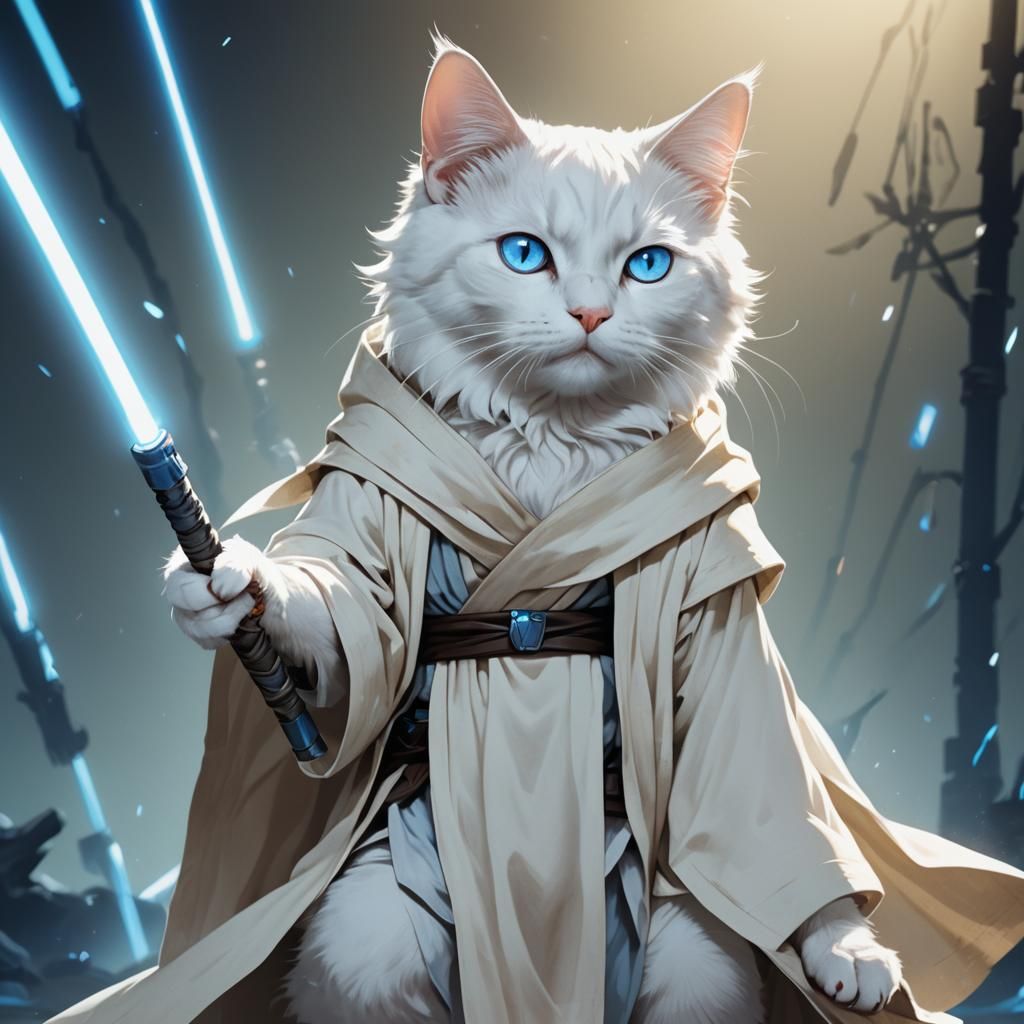 White Cat Jedi Master in Anime Style