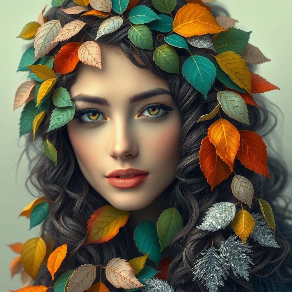 Fantasy Woman Portrait with Leaves in Seasonal Colors