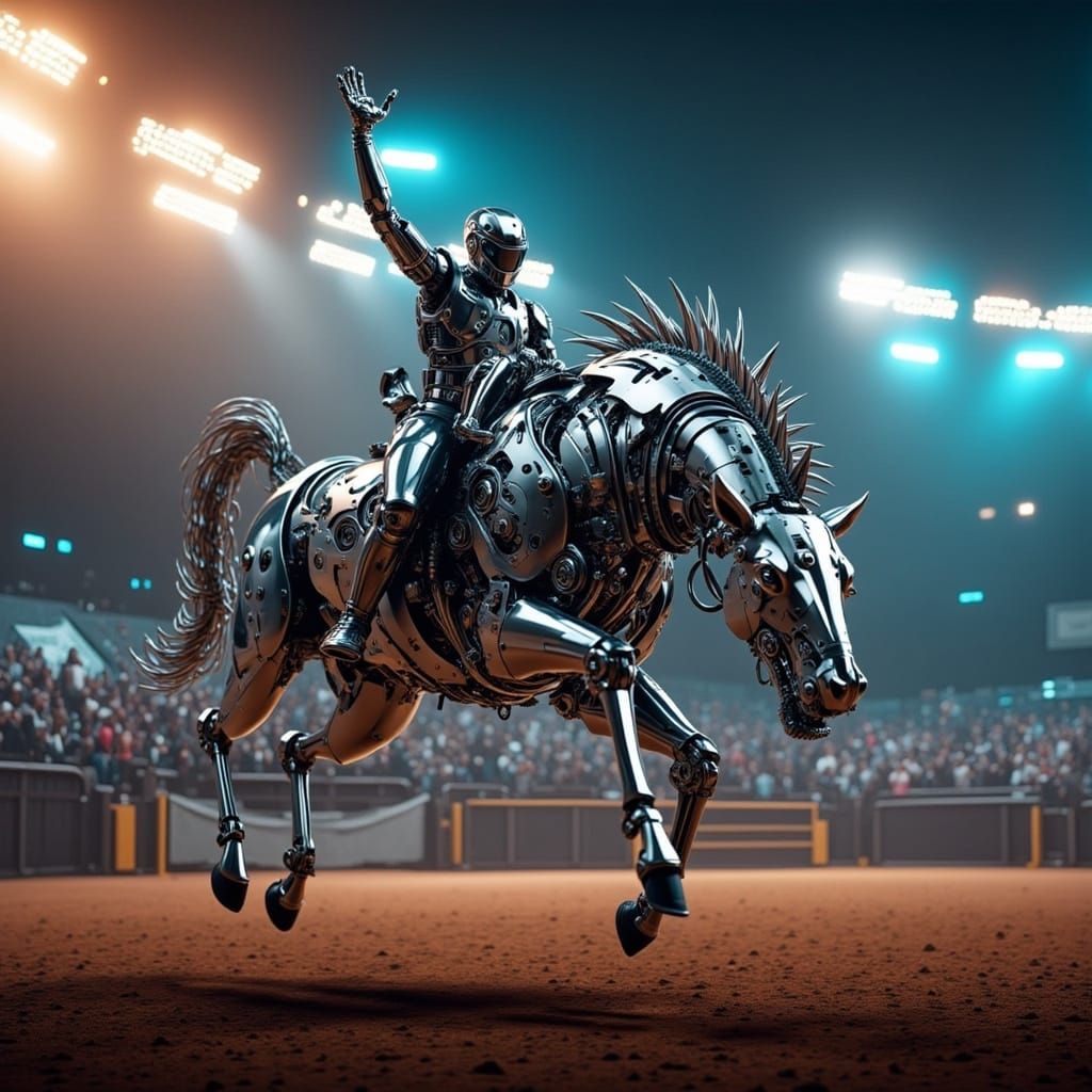 Cyborg Robot Bronco Rodeo in Neon Arena