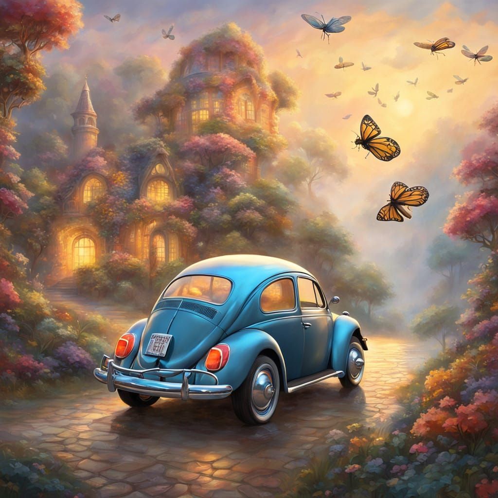 Ethereal VW Beetle Dreamscape in Golden Sunrise
