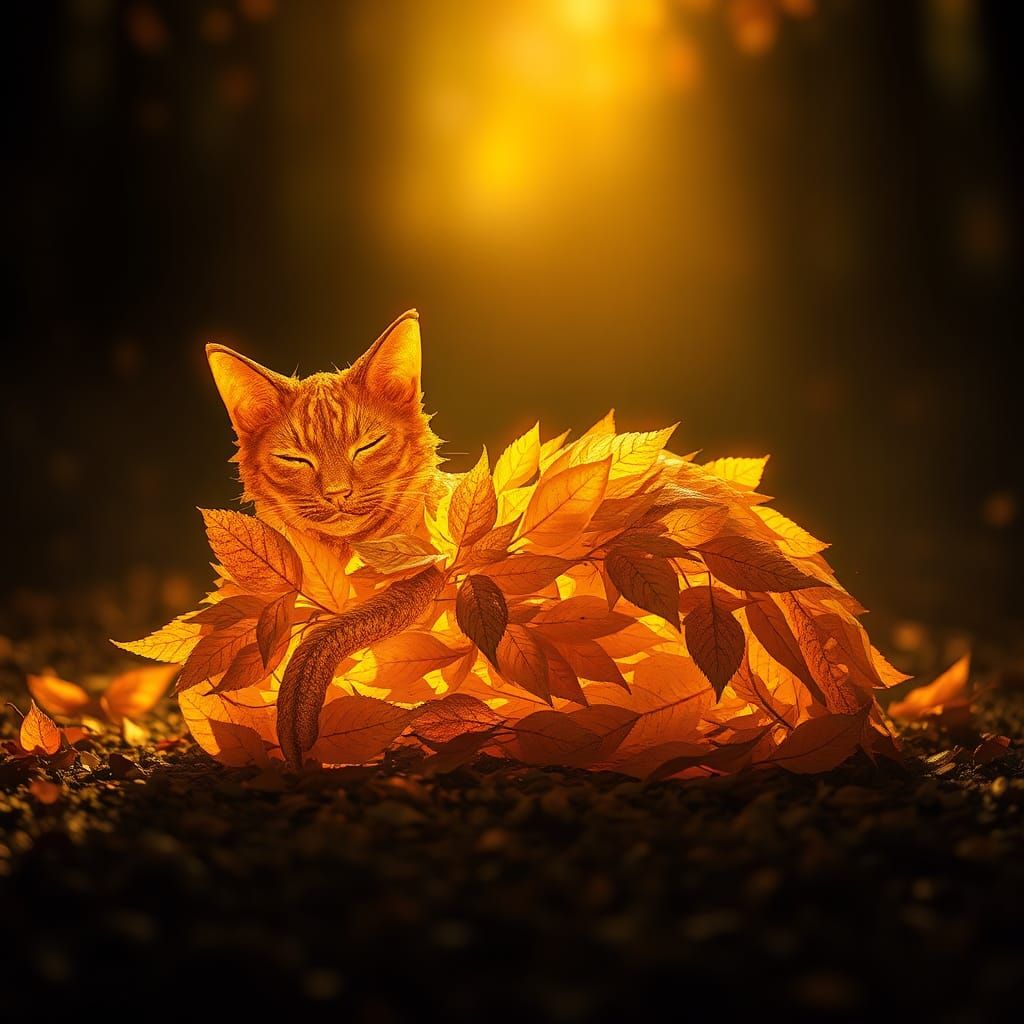 Autumnal Cat Sculpture in a Mystical Forest