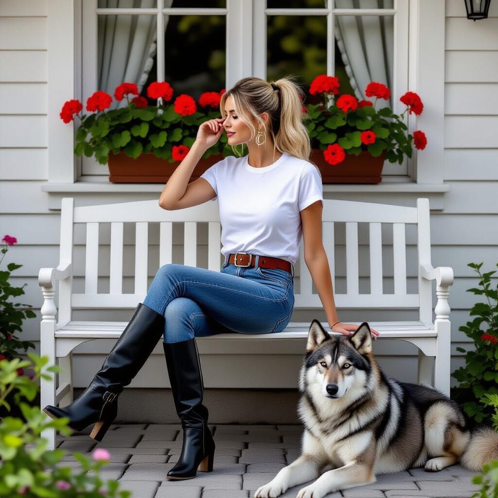 Blonde Woman with Wolfdog in Garden Scene