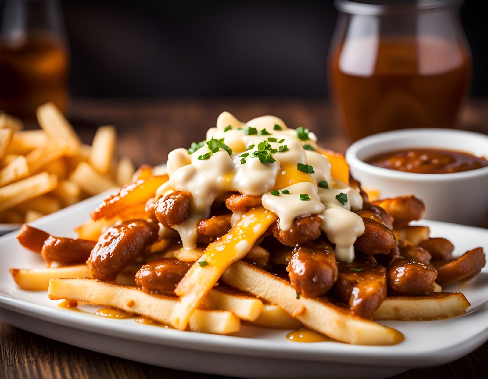 Delicious Poutine with Cheese in Natural Light