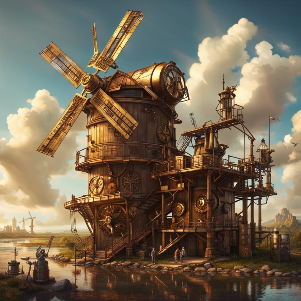 Steampunk Windmill with Robot Workers in Anime CGI Style