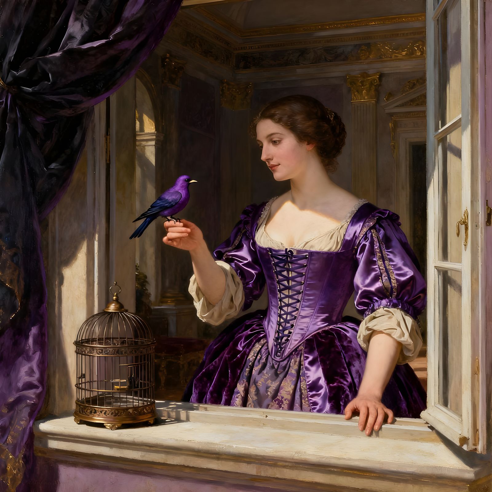 Baroque Woman Feeds Purple Bird Oil Painting