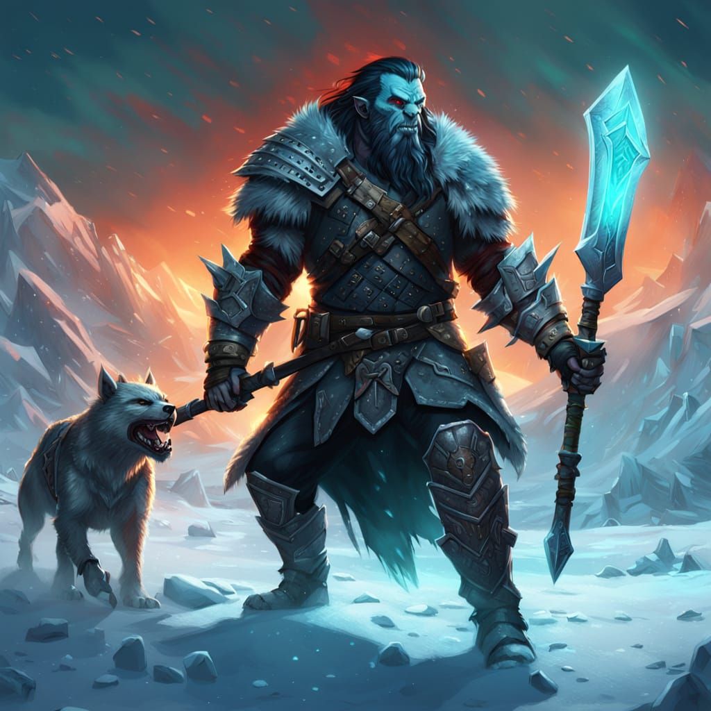 Half-Orc Warrior on Warg in Snowy Battlefield