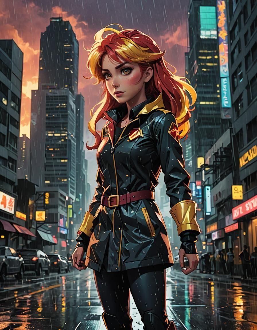 Sunset Shimmer in Rainy Cityscape, Anime Style