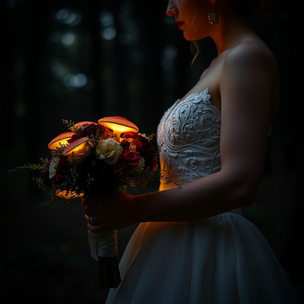 Woodland Bride with Mushroom Bouquet as Tonalist Portrait