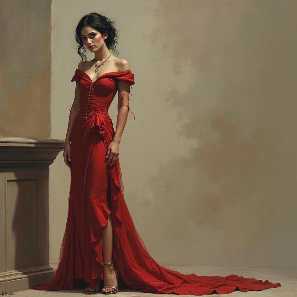 Baroque Oil Painting of Woman in Crimson Gown