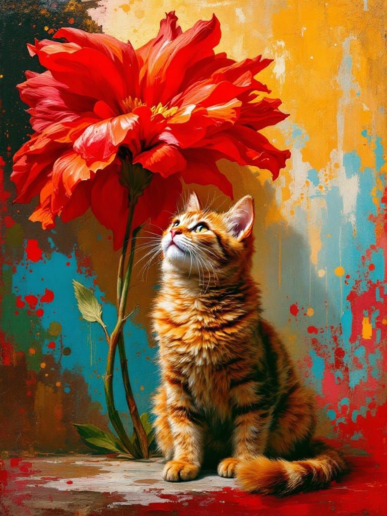 Luminous Cat Beneath Blooming Flower in Baroque Style