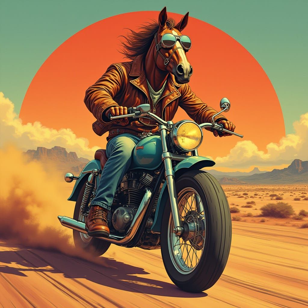 Horse Rides Motorcycle on Desert Highway in Pop Surrealism