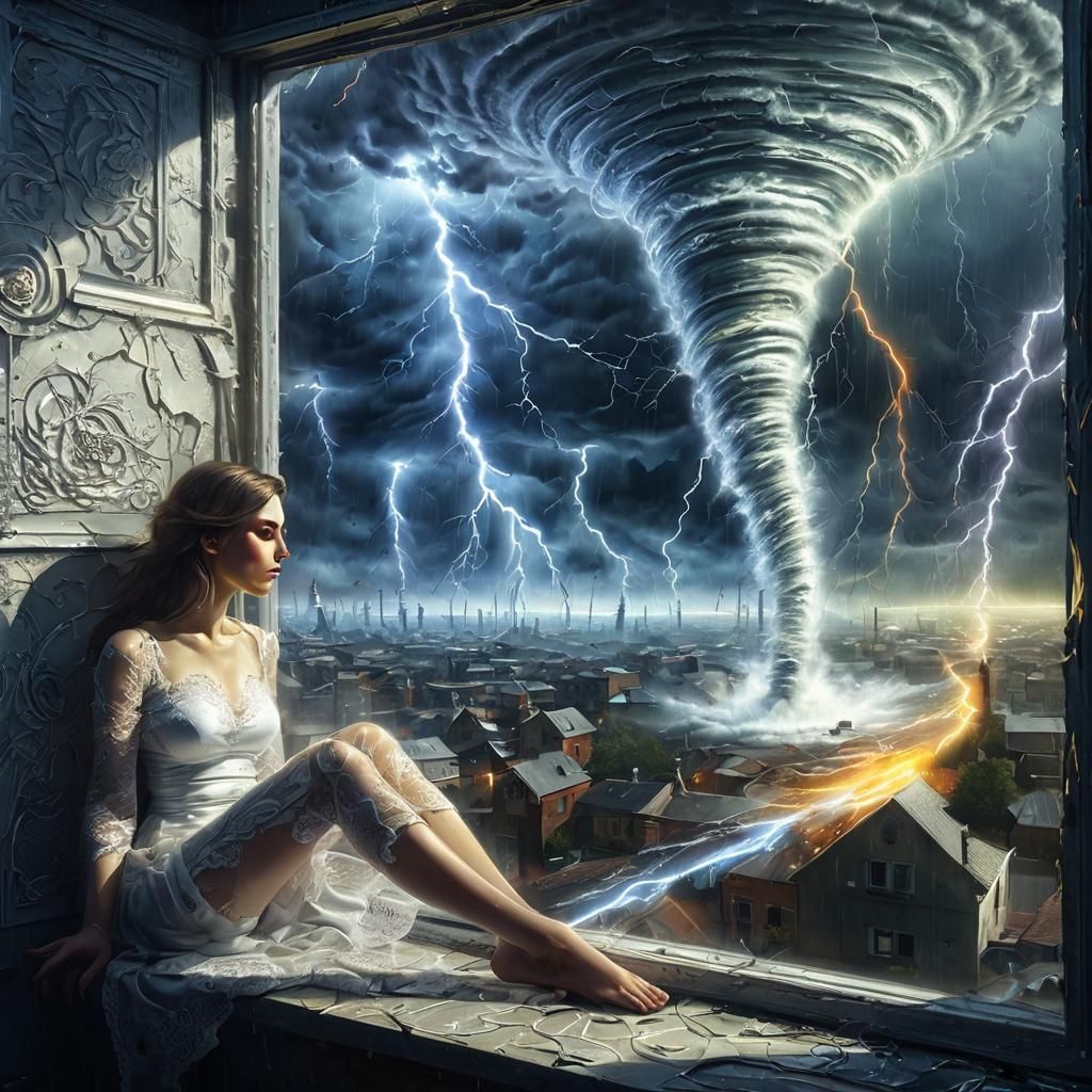 Retrofuturistic Storm: Woman, Lightning, and Tornado