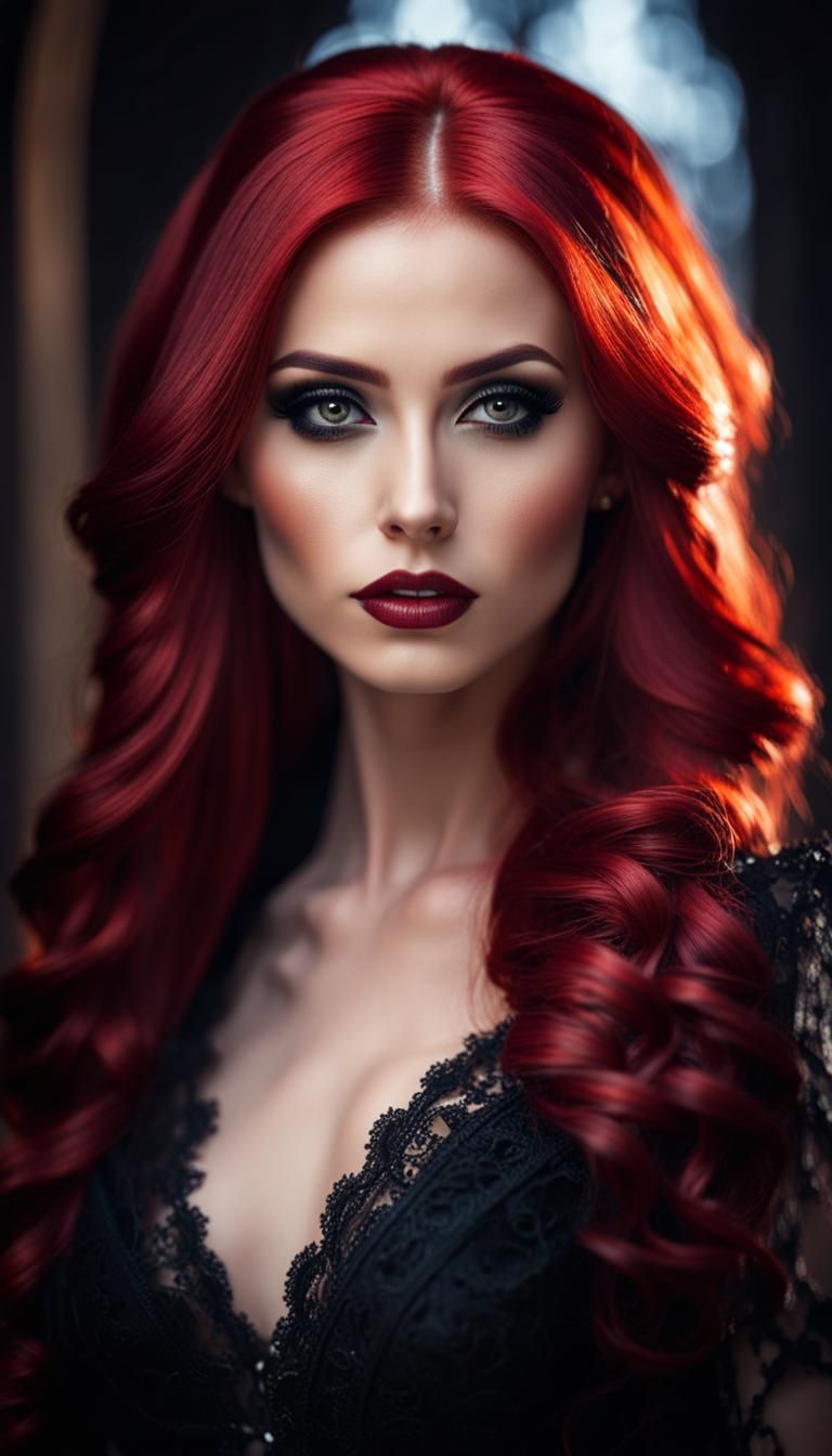 Beautiful Gothic Woman with Red Hair in Dramatic Lighting