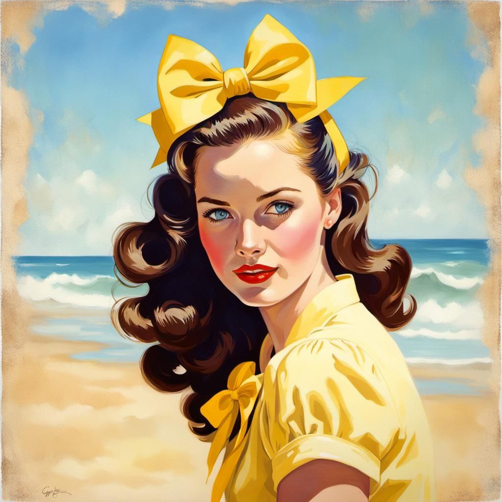 Beautiful Woman at Beach in Watercolor Style