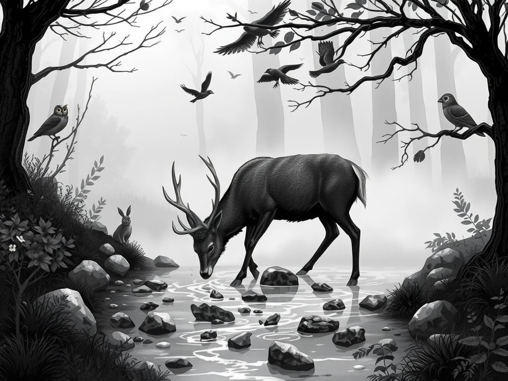 Buck at Stream in Eerie Woodland Scene
