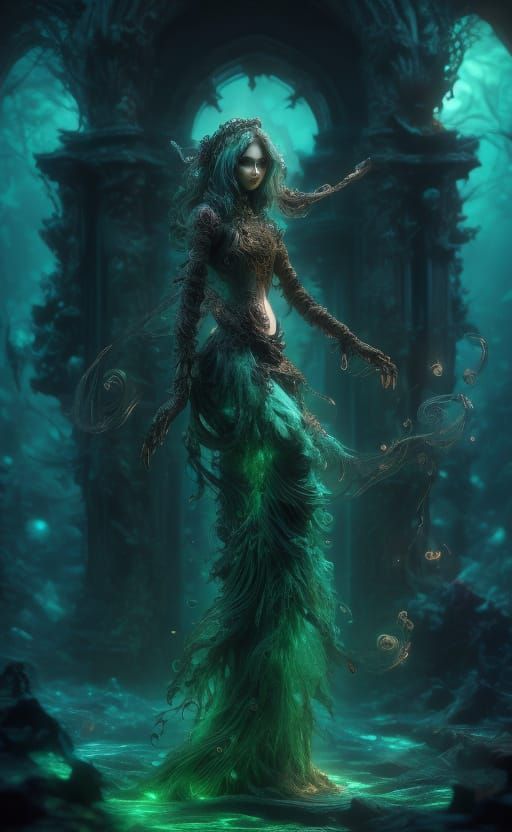 Bioluminescent Siren Priestess in Deep-Sea Abyss