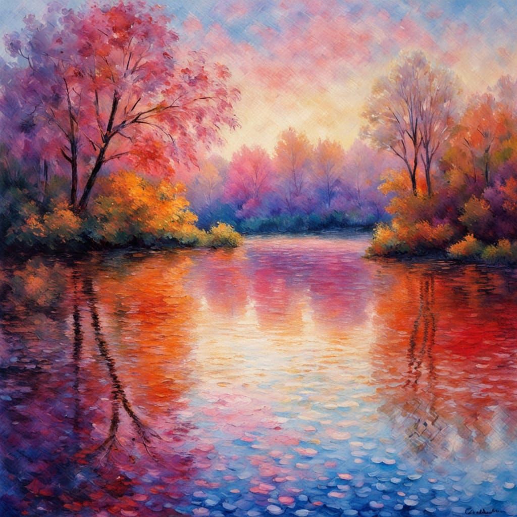 Impressionist Lake Scene with Gingham Sunset