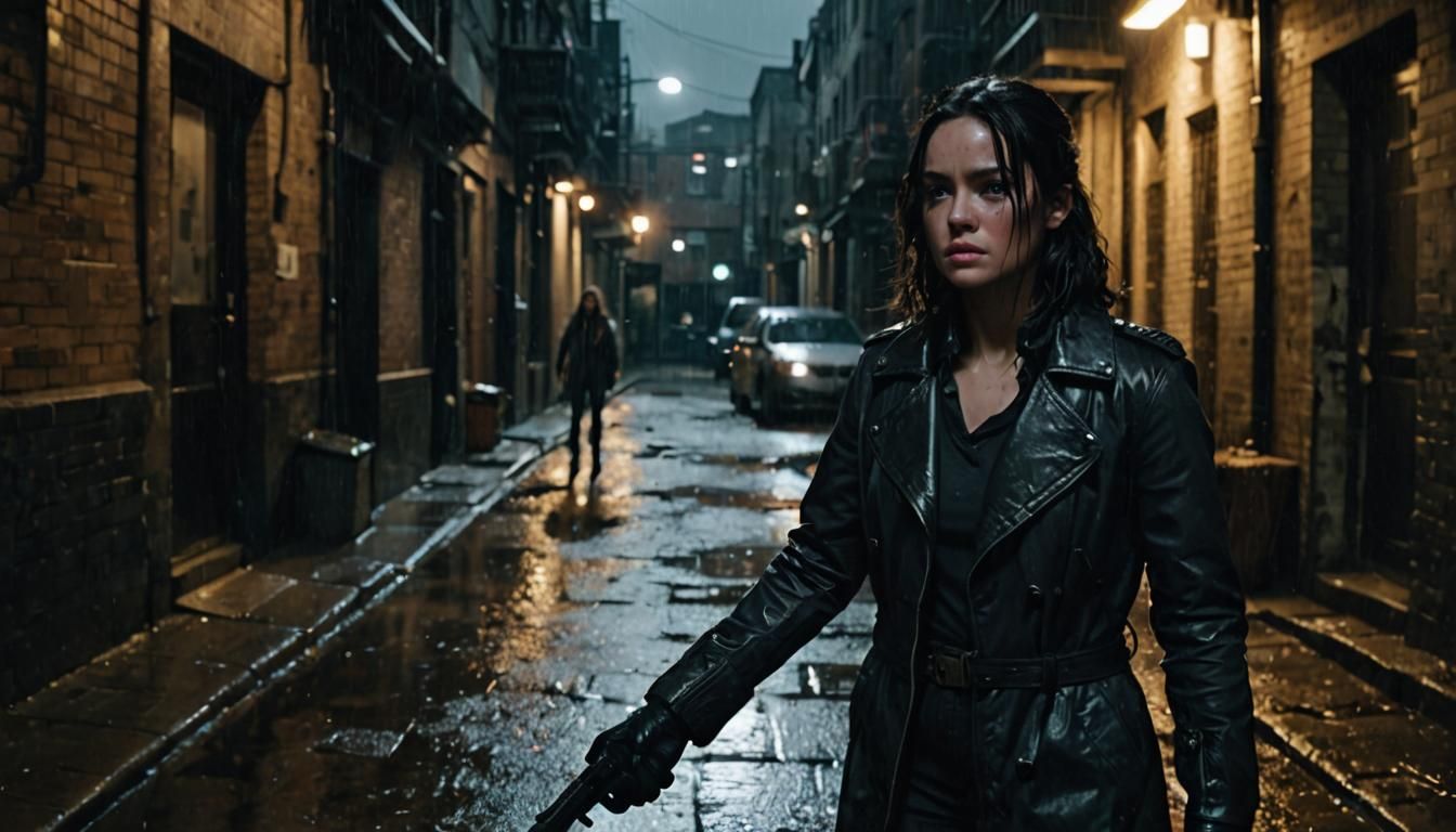 Laura Kinney in Dimly Lit Alleyway: Cinematic Film Still