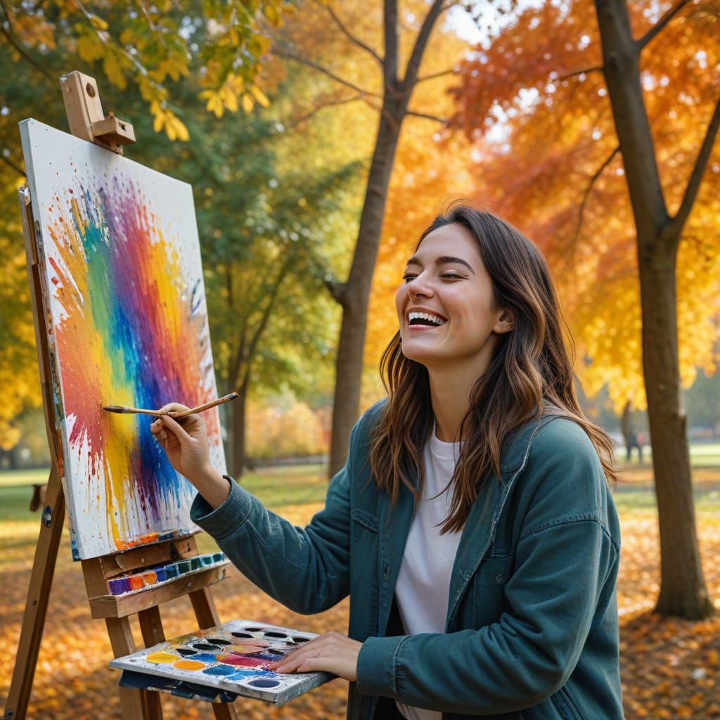 Joyful Artist in Autumn Park, Cinematic Hyperdetail