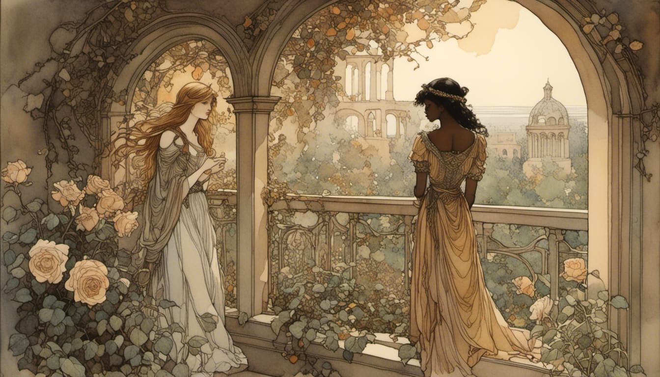 Greek Detectives in Rose Garden, Rackham Illustration