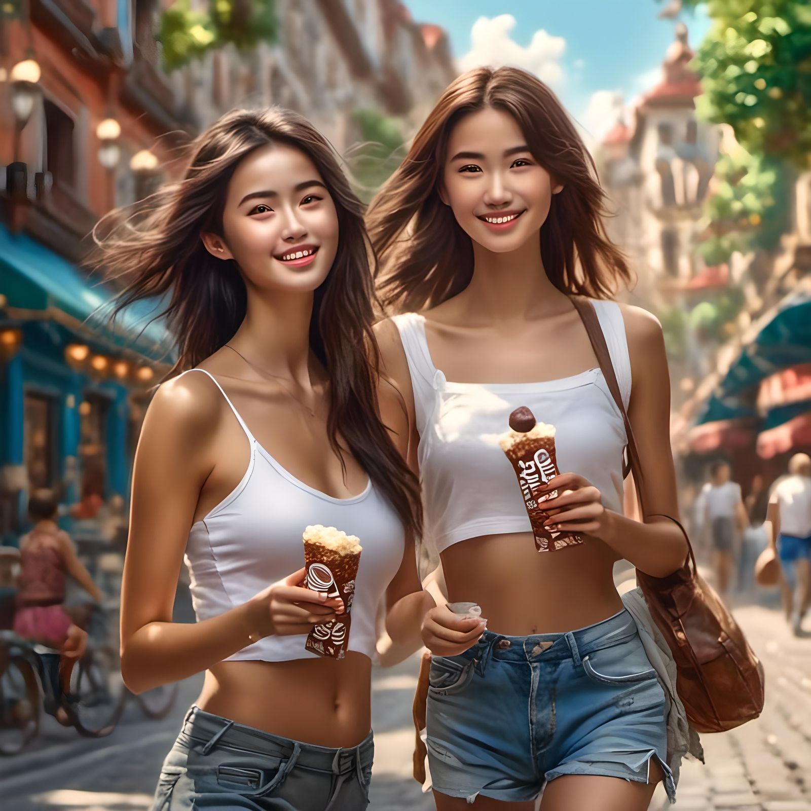 Two Beautiful Women Enjoying Chocolate Bar on Street