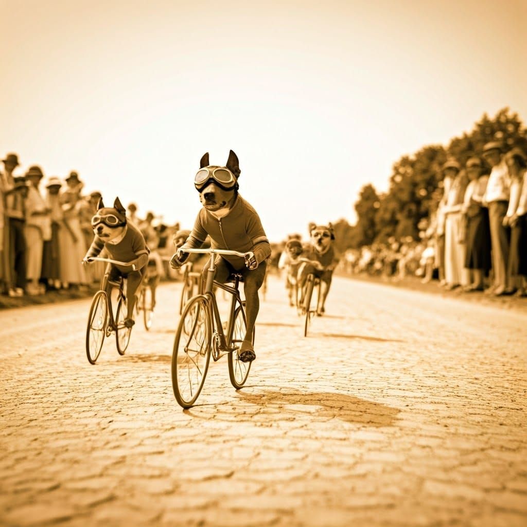 Dogs in Whimsical Cycling Outfits Pedal Miniature Bicycles i...
