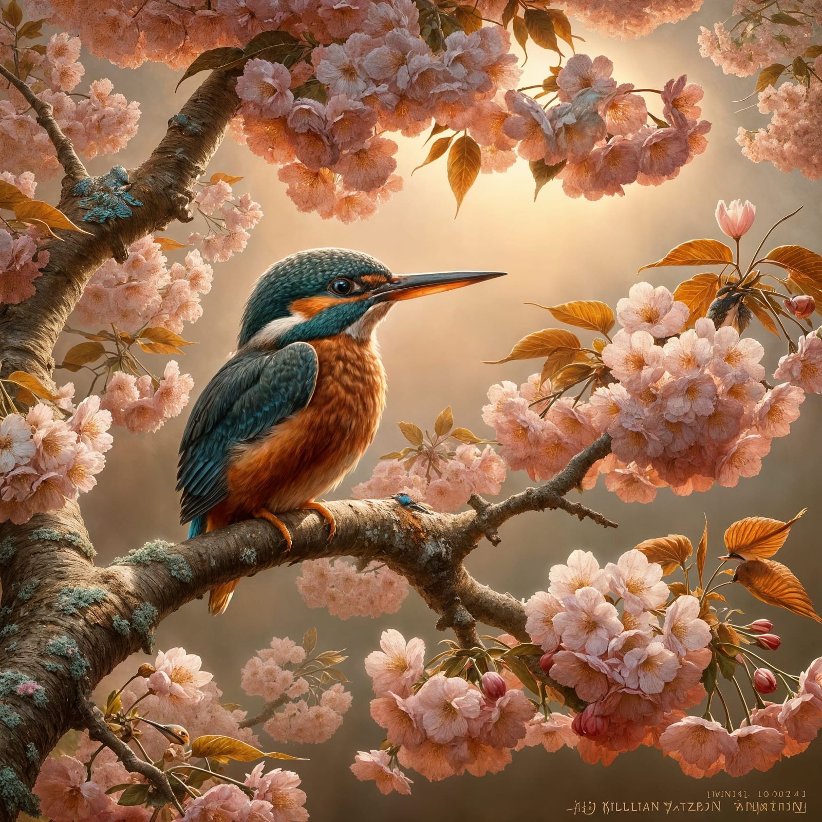 Kingfisher in Sakura Tree: Symbolist Painting