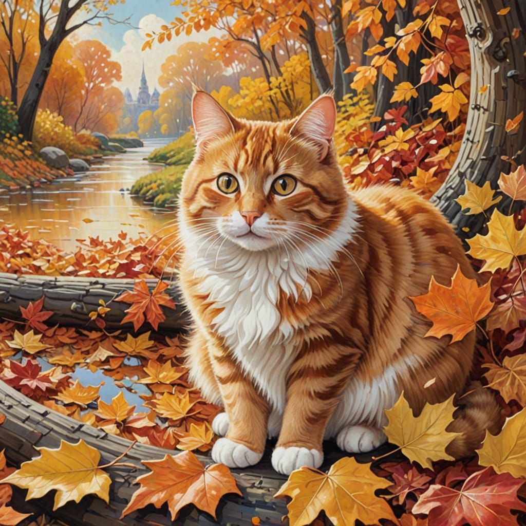 Art Deco Cat Watches Mice Play in Autumn Leaves