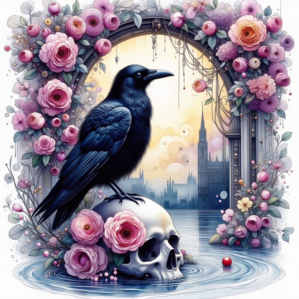Raven on Skull by Moonlight Gothic Window Watercolor
