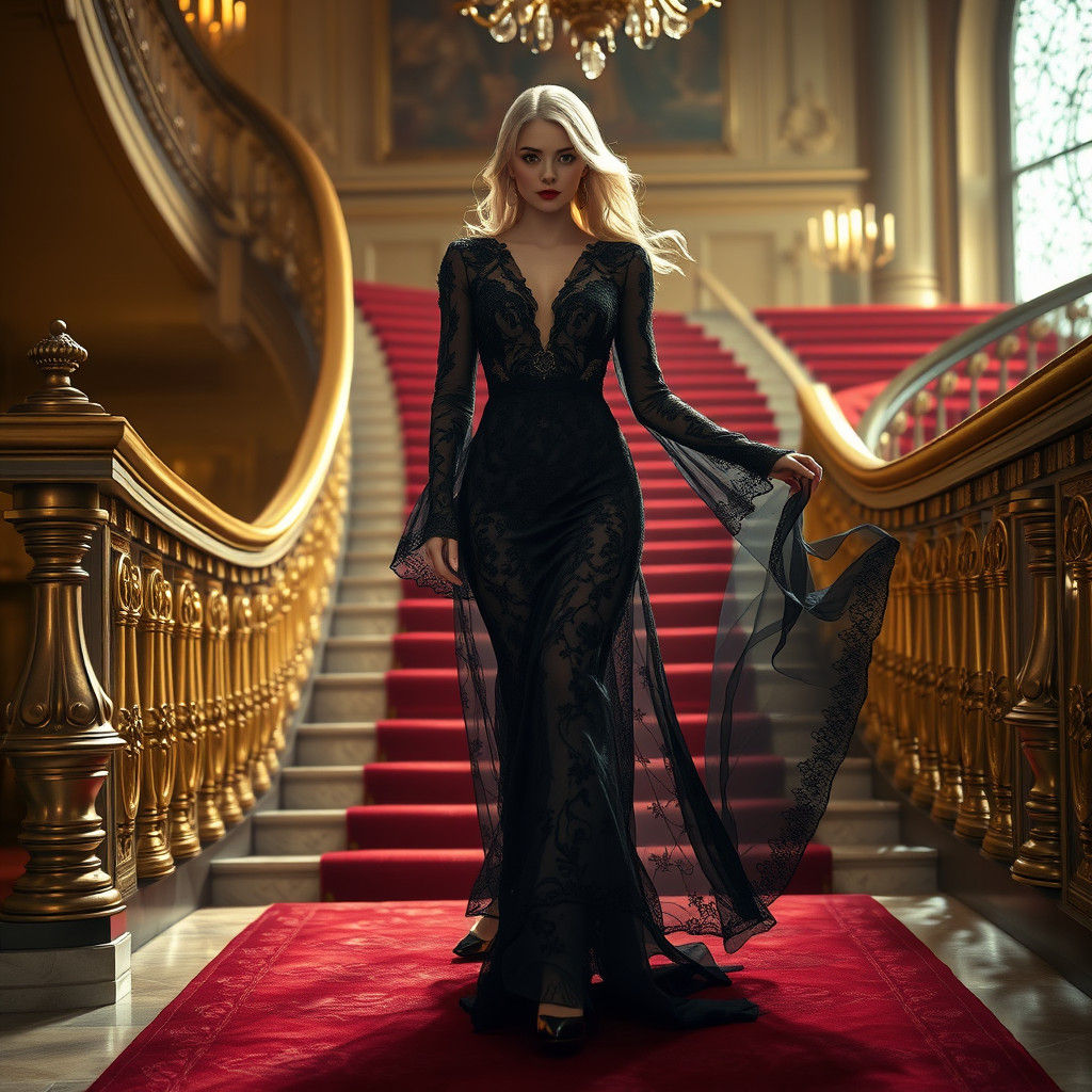 Ethereal Blond Woman in Black Lace Gown on Staircase