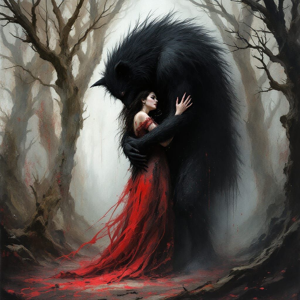 Werewolf Embraces Weary Woman in Gothic Forest