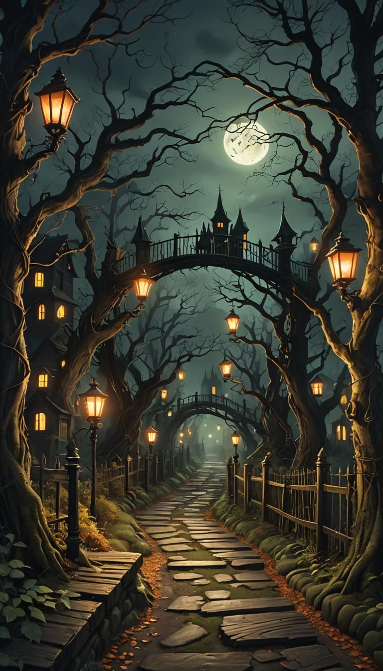 Eerie Path to Halloween City in Surreal Style