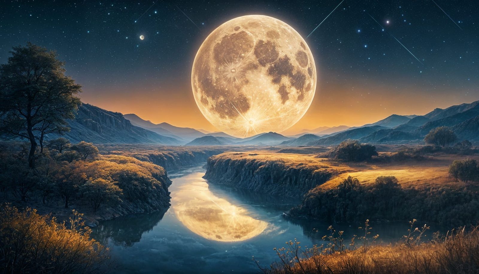 Celestial Nightscape with Reflecting River and Starry Sky