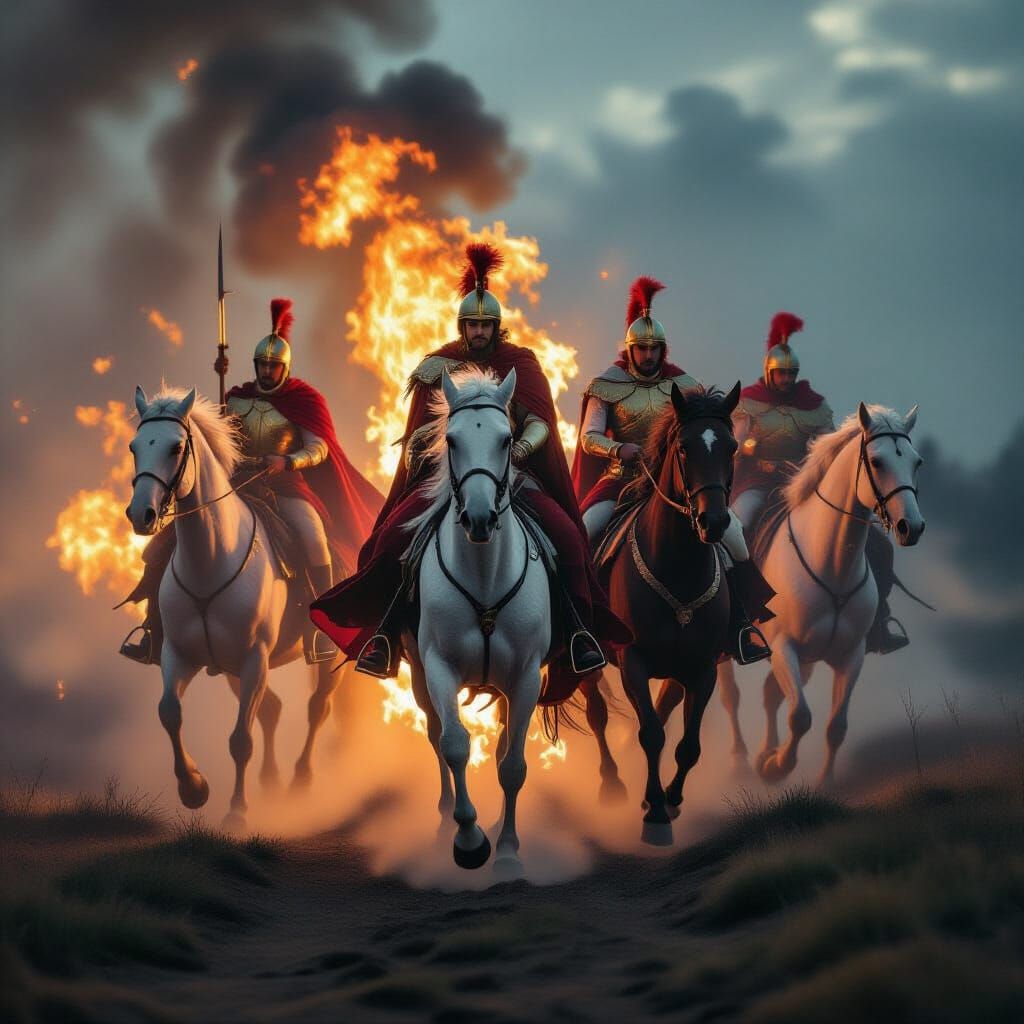 Four Horsemen Emerge from Flames in Dark Fantasy Style