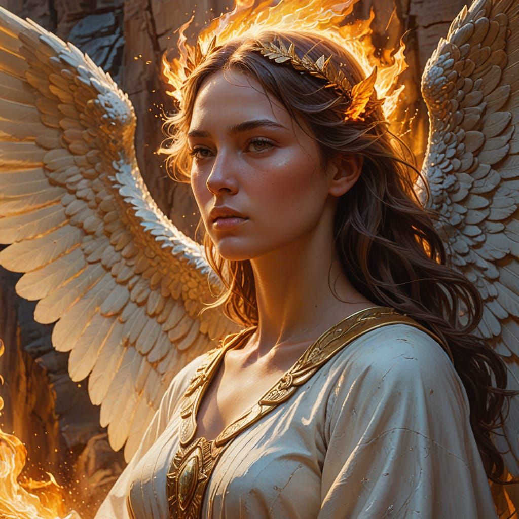 Colossal Guardian Angel as a Mountain, Holding Flaming Shiel...