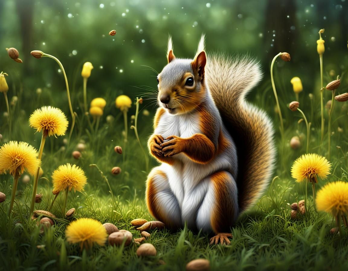 Squirrel with Walnuts in Dandelion Field