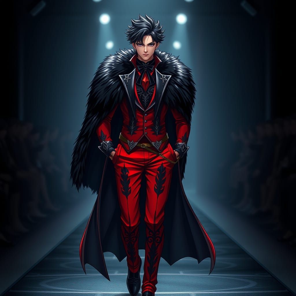Dark Anime Model Struts Down Shadowy Runway in Luxurious Bla...