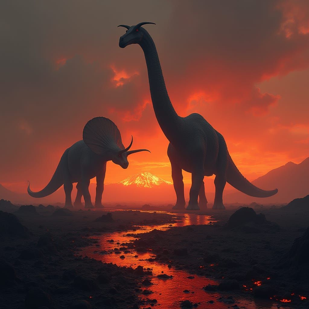 Colossal Sauropods in Volcanic Wasteland Digital Painting