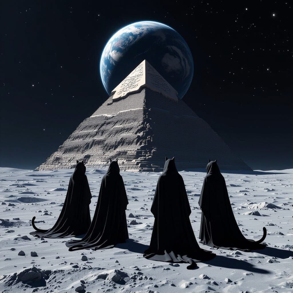 Ancient Egyptian Moon Pyramid with Cat-People Figures