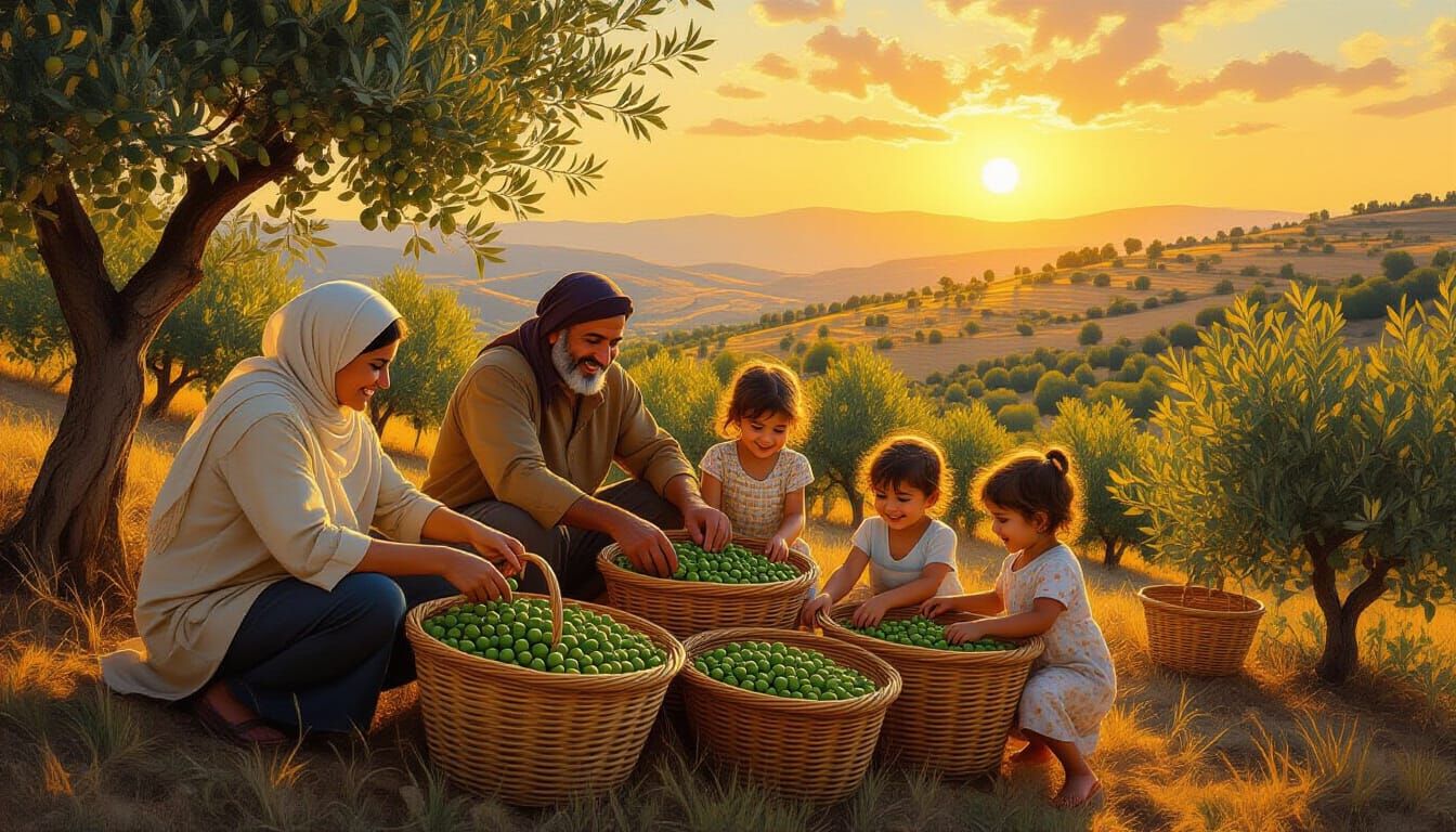 Palestinian Family Joyfully Harvests Olives at Sunset